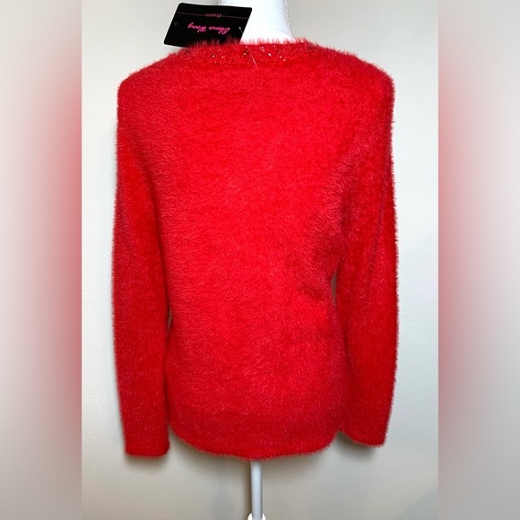 NWT Elena Wang Vibrant Red Eye-Lash V-Neck Jeweled Sweater Women Small - Picture 2 of 10